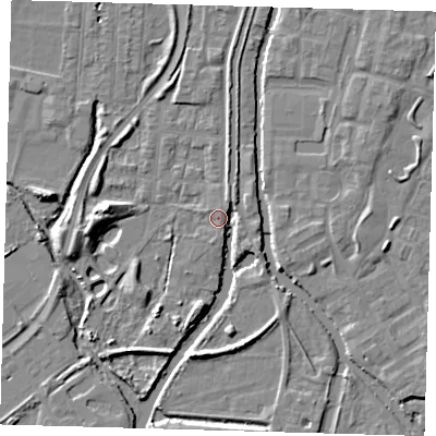 Shaded relief map of the ground around EN36JT, computed from Environment Agency LiDAR. The ground here sits at about 16 m above sea level and falls 7 m across the surrounding 800 m. Surface water reaching this point runs off ground lying to the north, 4.6 m higher.