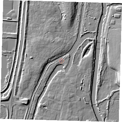 Shaded relief map of the ground around EN36JW, computed from Environment Agency LiDAR. The ground here sits at about 17 m above sea level and falls 9 m across the surrounding 800 m. Surface water reaching this point runs off ground lying to the south-west, 6.3 m higher.