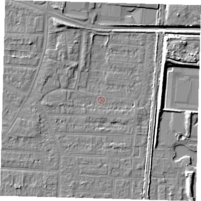 Shaded relief map of the ground around EN36LB, computed from Environment Agency LiDAR. The ground here sits at about 18 m above sea level and falls 13 m across the surrounding 800 m. Surface water reaching this point runs off ground lying to the west, 2.3 m higher.