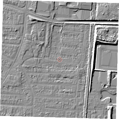 Shaded relief map of the ground around EN36LD, computed from Environment Agency LiDAR. The ground here sits at about 18 m above sea level and falls 13 m across the surrounding 800 m. Surface water reaching this point runs off ground lying to the west-south-west, 2.8 m higher.