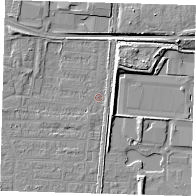 Shaded relief map of the ground around EN36LE, computed from Environment Agency LiDAR. The ground here sits at about 18 m above sea level and falls 13 m across the surrounding 800 m. Surface water reaching this point runs off ground lying to the north-west, 5.0 m higher.