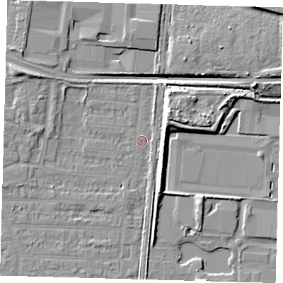 Shaded relief map of the ground around EN36LG, computed from Environment Agency LiDAR. The ground here sits at about 18 m above sea level and falls 13 m across the surrounding 800 m. Surface water reaching this point runs off ground lying to the east-north-east, 12.6 m higher.
