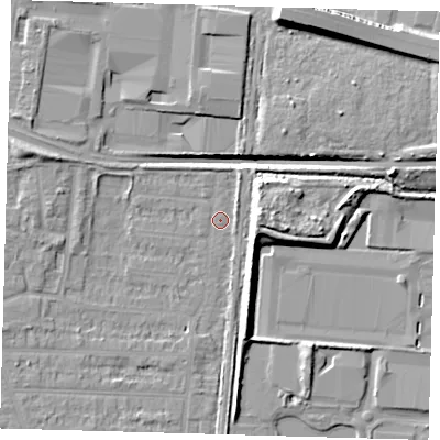 Shaded relief map of the ground around EN36LH, computed from Environment Agency LiDAR. The ground here sits at about 18 m above sea level and falls 15 m across the surrounding 800 m. Surface water reaching this point runs off ground lying to the north-north-east, 15.2 m higher.