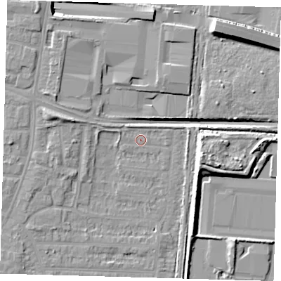 Shaded relief map of the ground around EN36LJ, computed from Environment Agency LiDAR. The ground here sits at about 18 m above sea level and falls 15 m across the surrounding 800 m. Surface water reaching this point runs off ground lying to the west-north-west, 1.9 m higher.