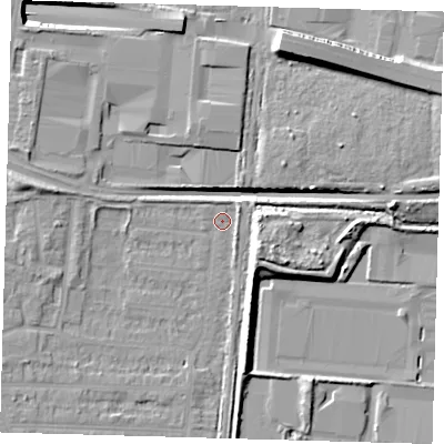 Shaded relief map of the ground around EN36LL, computed from Environment Agency LiDAR. The ground here sits at about 18 m above sea level and falls 15 m across the surrounding 800 m. Surface water reaching this point runs off ground lying to the north-north-east, 15.2 m higher.