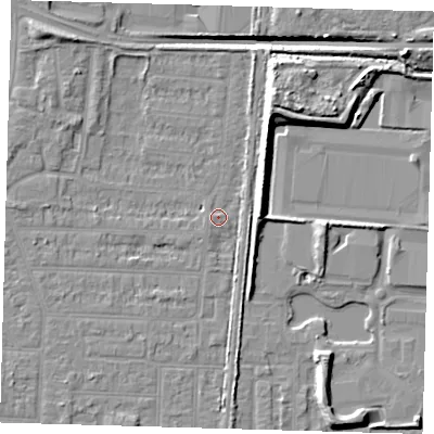 Shaded relief map of the ground around EN36LN, computed from Environment Agency LiDAR. The ground here sits at about 18 m above sea level and falls 13 m across the surrounding 800 m. Surface water reaching this point runs off ground lying to the south-west, 1.3 m higher.