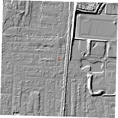 Shaded relief map of the ground around EN36LP, computed from Environment Agency LiDAR. The ground here sits at about 18 m above sea level and falls 7 m across the surrounding 800 m. Surface water reaching this point runs off ground lying to the west, 2.6 m higher.