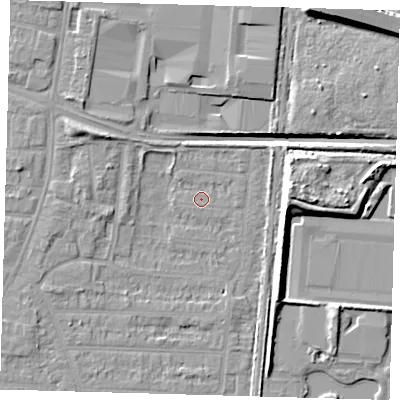 Shaded relief map of the ground around EN36LQ, computed from Environment Agency LiDAR. The ground here sits at about 18 m above sea level and falls 15 m across the surrounding 800 m. Surface water reaching this point runs off ground lying to the west-south-west, 0.7 m higher.