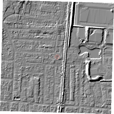 Shaded relief map of the ground around EN36LR, computed from Environment Agency LiDAR. The ground here sits at about 18 m above sea level and falls 8 m across the surrounding 800 m. Surface water reaching this point runs off ground lying to the south-west, 0.5 m higher.