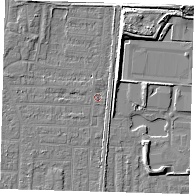 Shaded relief map of the ground around EN36LW, computed from Environment Agency LiDAR. The ground here sits at about 18 m above sea level and falls 13 m across the surrounding 800 m. Surface water reaching this point runs off ground lying to the north, 1.2 m higher.