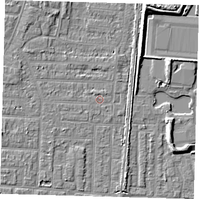 Shaded relief map of the ground around EN36SR, computed from Environment Agency LiDAR. The ground here sits at about 18 m above sea level and falls 9 m across the surrounding 800 m. Surface water reaching this point runs off ground lying to the north-north-west, 0.8 m higher.