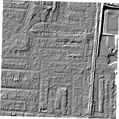 Shaded relief map of the ground around EN36SS, computed from Environment Agency LiDAR. The ground here sits at about 18 m above sea level and falls 9 m across the surrounding 800 m. Surface water reaching this point runs off ground lying to the west-north-west, 1.7 m higher.