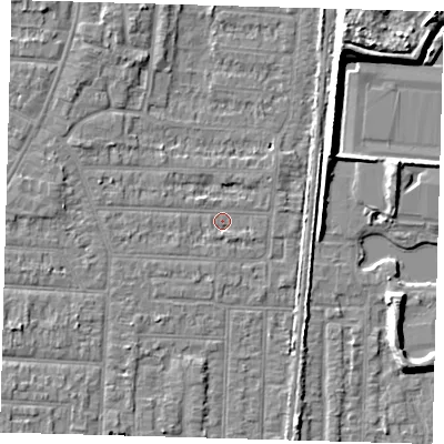 Shaded relief map of the ground around EN36SU, computed from Environment Agency LiDAR. The ground here sits at about 18 m above sea level and falls 7 m across the surrounding 800 m. Surface water reaching this point runs off ground lying to the north-west, 2.7 m higher.