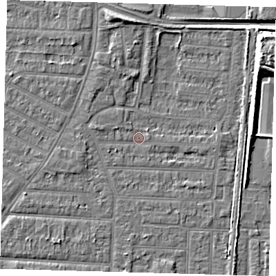 Shaded relief map of the ground around EN36SX, computed from Environment Agency LiDAR. The ground here sits at about 18 m above sea level and falls 13 m across the surrounding 800 m. Surface water reaching this point runs off ground lying to the west-north-west, 1.9 m higher.