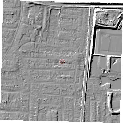 Shaded relief map of the ground around EN36SY, computed from Environment Agency LiDAR. The ground here sits at about 18 m above sea level and falls 13 m across the surrounding 800 m. Surface water reaching this point runs off ground lying to the west-south-west, 1.5 m higher.