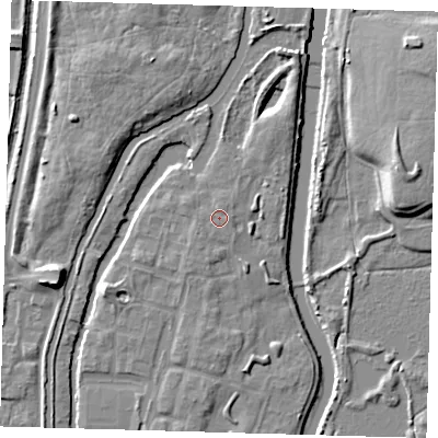 Shaded relief map of the ground around EN36WA, computed from Environment Agency LiDAR. The ground here sits at about 18 m above sea level and falls 11 m across the surrounding 800 m. Surface water reaching this point runs off ground lying to the south-west, 0.7 m higher.
