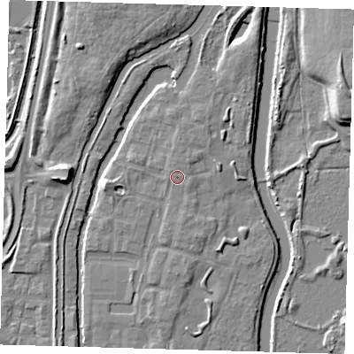 Shaded relief map of the ground around EN36WE, computed from Environment Agency LiDAR. The ground here sits at about 18 m above sea level and falls 10 m across the surrounding 800 m. Surface water reaching this point runs off ground lying to the north-west, 0.6 m higher.