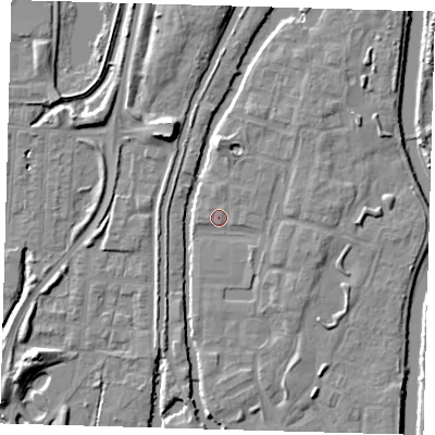 Shaded relief map of the ground around EN36WW, computed from Environment Agency LiDAR. The ground here sits at about 17 m above sea level and falls 9 m across the surrounding 800 m. Surface water reaching this point runs off ground lying to the north, 2.9 m higher.