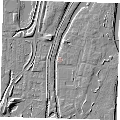 Shaded relief map of the ground around EN36WZ, computed from Environment Agency LiDAR. The ground here sits at about 17 m above sea level and falls 9 m across the surrounding 800 m. Surface water reaching this point runs off ground lying to the north-east, 2.8 m higher.