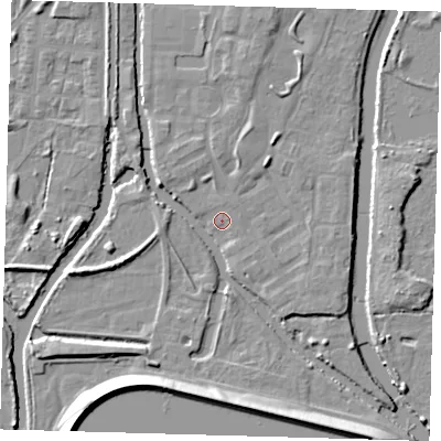 Shaded relief map of the ground around EN36XW, computed from Environment Agency LiDAR. The ground here sits at about 16 m above sea level and falls 10 m across the surrounding 800 m. Surface water reaching this point runs off ground lying to the north-east, 1.4 m higher.