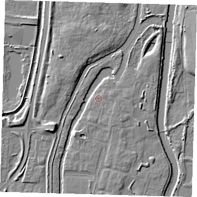 Shaded relief map of the ground around EN36YF, computed from Environment Agency LiDAR. The ground here sits at about 17 m above sea level and falls 9 m across the surrounding 800 m. Surface water reaching this point runs off ground lying to the east-south-east, 1.2 m higher.