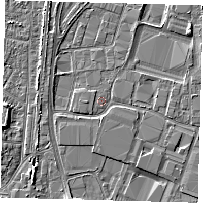 Shaded relief map of the ground around EN37AG, computed from Environment Agency LiDAR. The ground here sits at about 16 m above sea level and falls 7 m across the surrounding 800 m. Surface water reaching this point runs off ground lying to the west-north-west, 0.6 m higher.