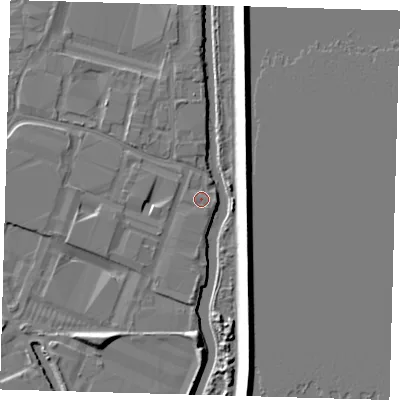 Shaded relief map of the ground around EN37BJ, computed from Environment Agency LiDAR. The ground here sits at about 16 m above sea level and falls 9 m across the surrounding 800 m. Surface water reaching this point runs off ground lying to the south-south-east, 0.6 m higher.
