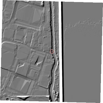Shaded relief map of the ground around EN37DW, computed from Environment Agency LiDAR. The ground here sits at about 15 m above sea level and falls 9 m across the surrounding 800 m. Surface water reaching this point runs off ground lying to the north-north-west, 2.6 m higher.