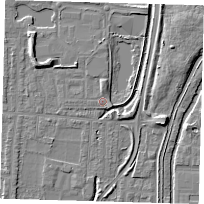 Shaded relief map of the ground around EN37FE, computed from Environment Agency LiDAR. The ground here sits at about 18 m above sea level and falls 9 m across the surrounding 800 m. Surface water reaching this point runs off ground lying to the north, 1.9 m higher.
