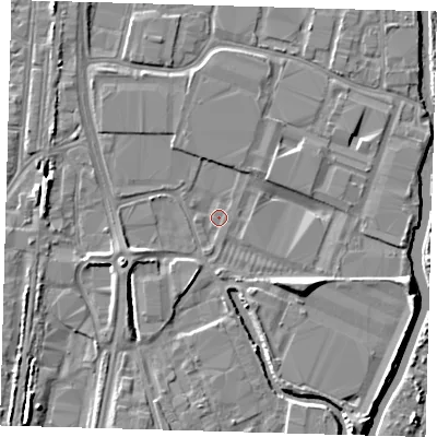Shaded relief map of the ground around EN37FF, computed from Environment Agency LiDAR. The ground here sits at about 15 m above sea level and falls 6 m across the surrounding 800 m. Surface water reaching this point runs off ground lying to the west-south-west, 2.6 m higher.
