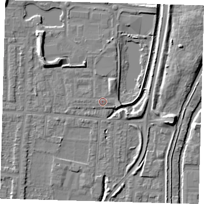 Shaded relief map of the ground around EN37FG, computed from Environment Agency LiDAR. The ground here sits at about 17 m above sea level and falls 9 m across the surrounding 800 m. Surface water reaching this point runs off ground lying to the north-north-east, 2.5 m higher.