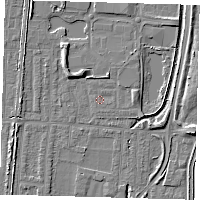 Shaded relief map of the ground around EN37FH, computed from Environment Agency LiDAR. The ground here sits at about 17 m above sea level and falls 9 m across the surrounding 800 m. The ground contributing surface water to this point lies to the south-east.