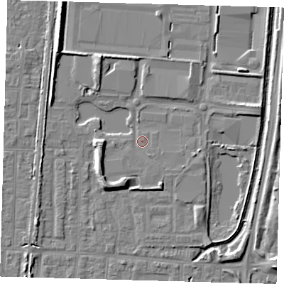Shaded relief map of the ground around EN37FJ, computed from Environment Agency LiDAR. The ground here sits at about 18 m above sea level and falls 8 m across the surrounding 800 m. Surface water reaching this point runs off ground lying to the west, 4.8 m higher.