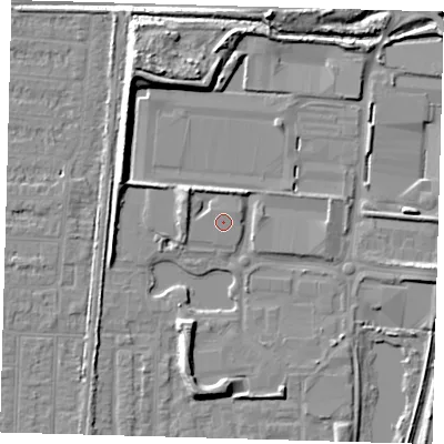 Shaded relief map of the ground around EN37FL, computed from Environment Agency LiDAR. The ground here sits at about 18 m above sea level and falls 13 m across the surrounding 800 m. The ground contributing surface water to this point lies to the north-north-west.