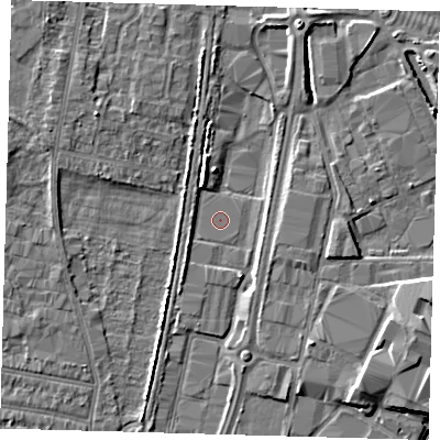 Shaded relief map of the ground around EN37FQ, computed from Environment Agency LiDAR. The ground here sits at about 14 m above sea level and falls 6 m across the surrounding 800 m. Surface water reaching this point runs off ground lying to the south-west, 2.2 m higher.