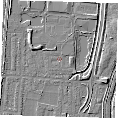 Shaded relief map of the ground around EN37FS, computed from Environment Agency LiDAR. The ground here sits at about 17 m above sea level and falls 8 m across the surrounding 800 m. Surface water reaching this point runs off ground lying to the east-north-east, 1.4 m higher.