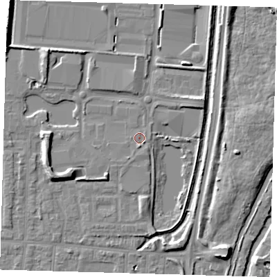 Shaded relief map of the ground around EN37GD, computed from Environment Agency LiDAR. The ground here sits at about 17 m above sea level and falls 8 m across the surrounding 800 m. Surface water reaching this point runs off ground lying to the south-south-west, 1.6 m higher.