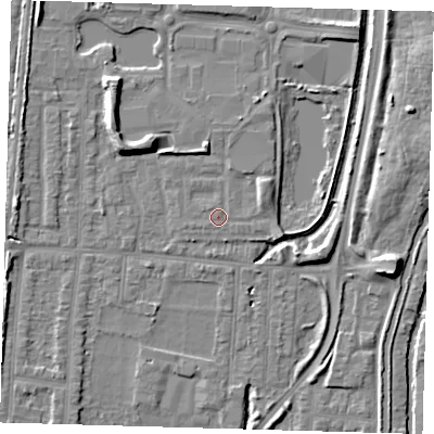 Shaded relief map of the ground around EN37GE, computed from Environment Agency LiDAR. The ground here sits at about 17 m above sea level and falls 9 m across the surrounding 800 m. Surface water reaching this point runs off ground lying to the north-north-east, 1.4 m higher.