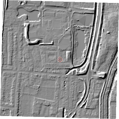 Shaded relief map of the ground around EN37GF, computed from Environment Agency LiDAR. The ground here sits at about 17 m above sea level and falls 9 m across the surrounding 800 m. Surface water reaching this point runs off ground lying to the east-north-east, 2.5 m higher.