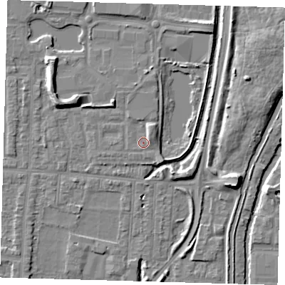 Shaded relief map of the ground around EN37GJ, computed from Environment Agency LiDAR. The ground here sits at about 17 m above sea level and falls 9 m across the surrounding 800 m. Surface water reaching this point runs off ground lying to the north-east, 2.2 m higher.
