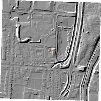 Shaded relief map of the ground around EN37GL, computed from Environment Agency LiDAR. The ground here sits at about 17 m above sea level and falls 8 m across the surrounding 800 m. Surface water reaching this point runs off ground lying to the east-south-east, 2.2 m higher.