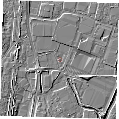 Shaded relief map of the ground around EN37JX, computed from Environment Agency LiDAR. The ground here sits at about 15 m above sea level and falls 6 m across the surrounding 800 m. Surface water reaching this point runs off ground lying to the west-south-west, 2.6 m higher.