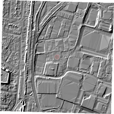 Shaded relief map of the ground around EN37JY, computed from Environment Agency LiDAR. The ground here sits at about 15 m above sea level and falls 7 m across the surrounding 800 m. Surface water reaching this point runs off ground lying to the east, 0.5 m higher.