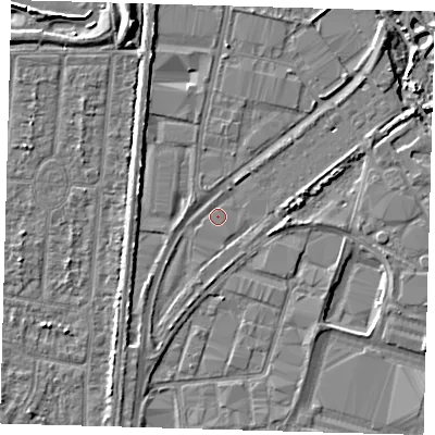 Shaded relief map of the ground around EN37NE, computed from Environment Agency LiDAR. The ground here sits at about 16 m above sea level and falls 7 m across the surrounding 800 m. Surface water reaching this point runs off ground lying to the west-south-west, 2.4 m higher.