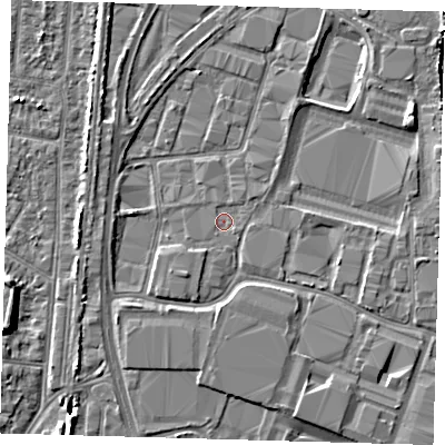 Shaded relief map of the ground around EN37NF, computed from Environment Agency LiDAR. The ground here sits at about 15 m above sea level and falls 6 m across the surrounding 800 m. Surface water reaching this point runs off ground lying to the south-east, 0.5 m higher.