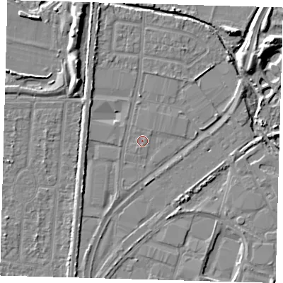 Shaded relief map of the ground around EN37NH, computed from Environment Agency LiDAR. The ground here sits at about 16 m above sea level and falls 8 m across the surrounding 800 m. Surface water reaching this point runs off ground lying to the south-west, 0.5 m higher.