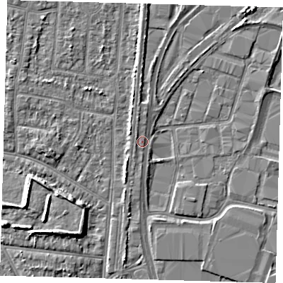 Shaded relief map of the ground around EN37NJ, computed from Environment Agency LiDAR. The ground here sits at about 16 m above sea level and falls 6 m across the surrounding 800 m. Surface water reaching this point runs off ground lying to the south-south-west, 2.1 m higher.