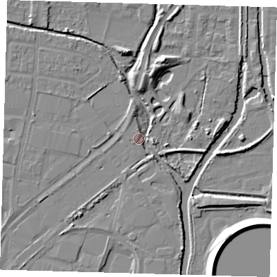 Shaded relief map of the ground around EN37NN, computed from Environment Agency LiDAR. The ground here sits at about 16 m above sea level and falls 9 m across the surrounding 800 m. Surface water reaching this point runs off ground lying to the north-north-east, 6.9 m higher.
