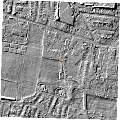 Shaded relief map of the ground around EN37NR, computed from Environment Agency LiDAR. The ground here sits at about 16 m above sea level and falls 6 m across the surrounding 800 m. Surface water reaching this point runs off ground lying to the west, 1.1 m higher.