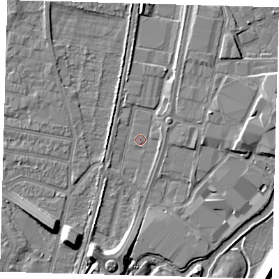 Shaded relief map of the ground around EN37PE, computed from Environment Agency LiDAR. The ground here sits at about 14 m above sea level and falls 10 m across the surrounding 800 m. Surface water reaching this point runs off ground lying to the east-north-east, 3.5 m higher.